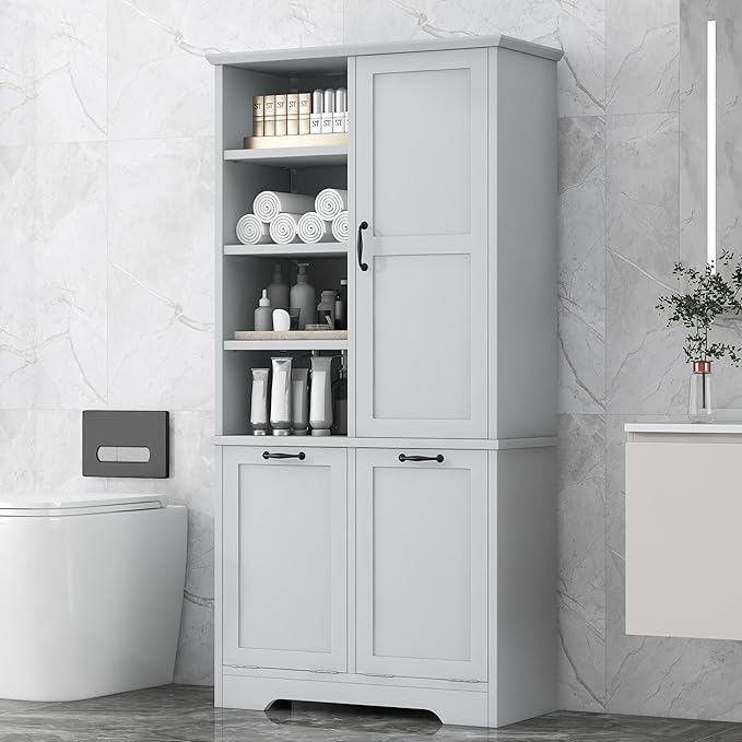 Virubi Tall Laundry Cabinet with 2 Tilt Out Laundry Hampers, Wood Bathroom Storage Cabinet with Doors and Adjustable Shelves, for Bathroom Sotrage Organization, Freestanding, Grey