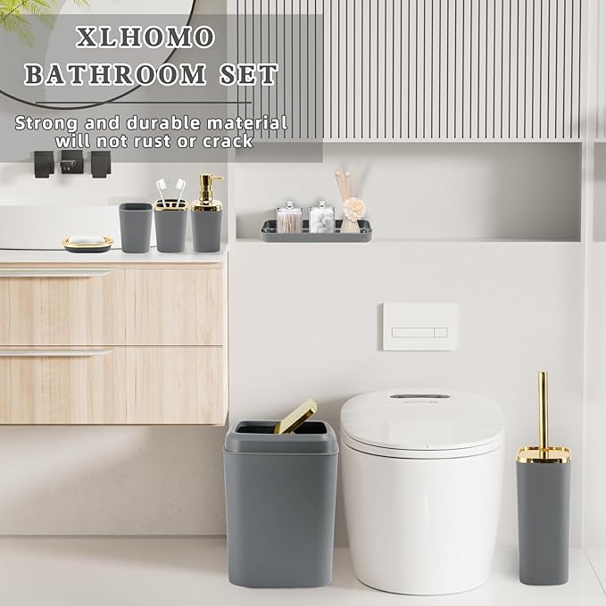 XLHOMO Grey Bathroom Accessories Set, Bathroom Sets with Shower Curtain, Grey Bathroom Accessories with Trash Can, Soap Dispenser, Soap Dish, Toilet Brush Holder, Qtip Holders for Bathroom