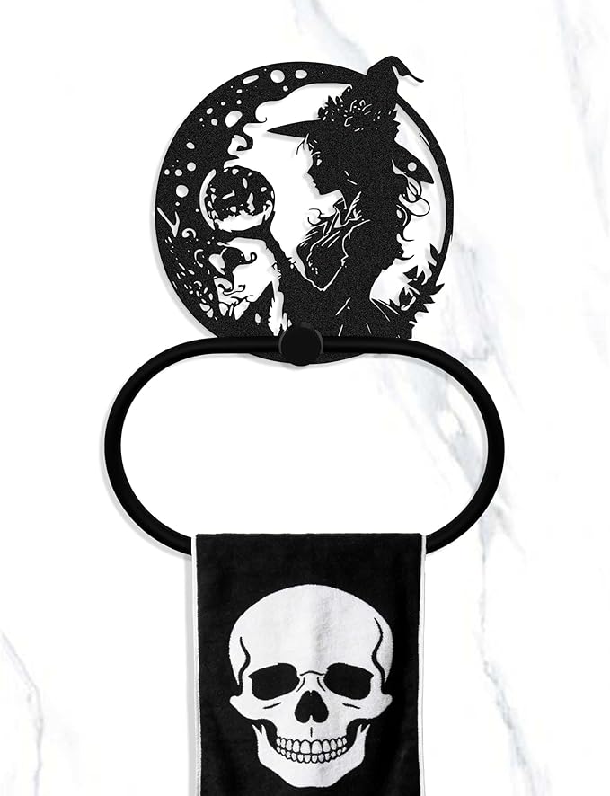 Gothic Witch Metal Towel Ring, Spooky Spiritual Wiccan Goth Hand Towels Holder Home Decor, Bathroom & Kitchen Accessories, Witchy Towel Hanger Gifts for Halloween Indoor Outdoor