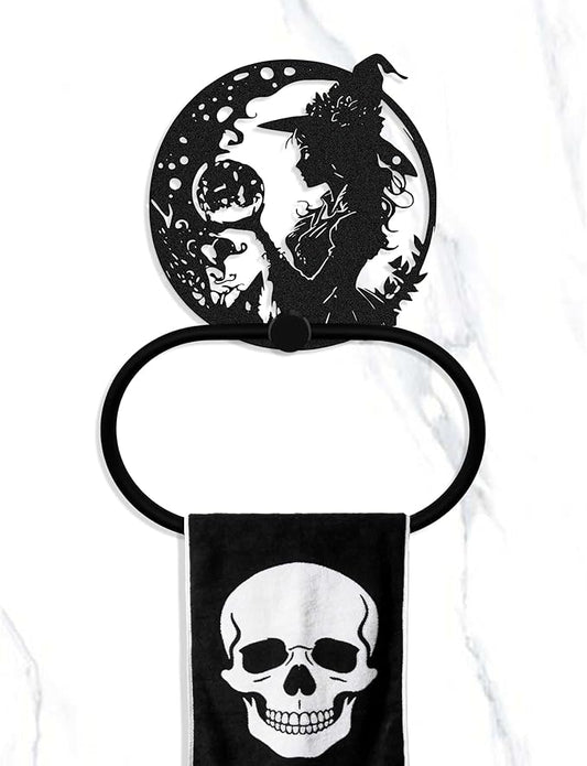 Gothic Witch Metal Towel Ring, Spooky Spiritual Wiccan Goth Hand Towels Holder Home Decor, Bathroom & Kitchen Accessories, Witchy Towel Hanger Gifts for Halloween Indoor Outdoor