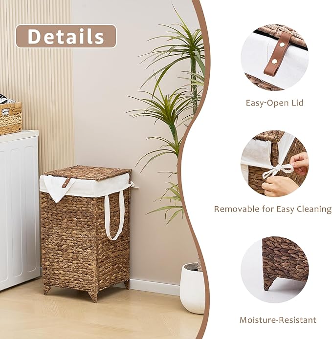 Handwoven Laundry Hamper with Lid, Natural Hyacinth Heightened Feet Laundry Basket, Wicker Clothes Hamper with Removable Liner Bag (Espresso-A, 65L)