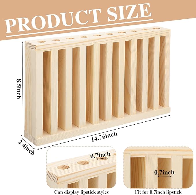 Wonderjune 1 Pcs Wooden Lipsticks Holder 0.7 inch Lip Balm Tube Holder Lip Gloss Organizer Display Wood Lipsticks Tube Tower Organizer for Market Craft Booth Room Display (10 Slot)