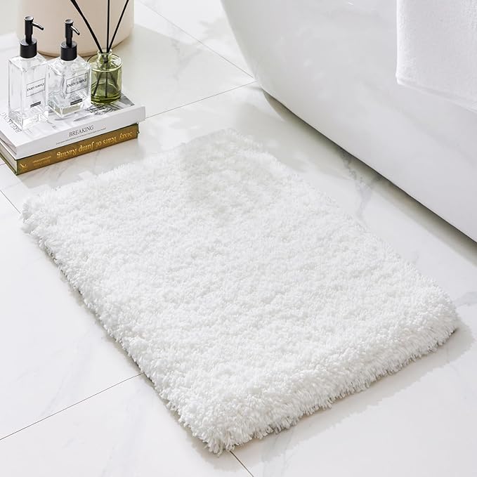Bathroom Rugs Non Slip Washable, Ultra Thick Soft Microfiber Absorbent Bath Mats, High Density Foam Latex Non Slip Backing Bath Rugs, Fluffy Floor Carpet for Tub&Shower 24x17, White