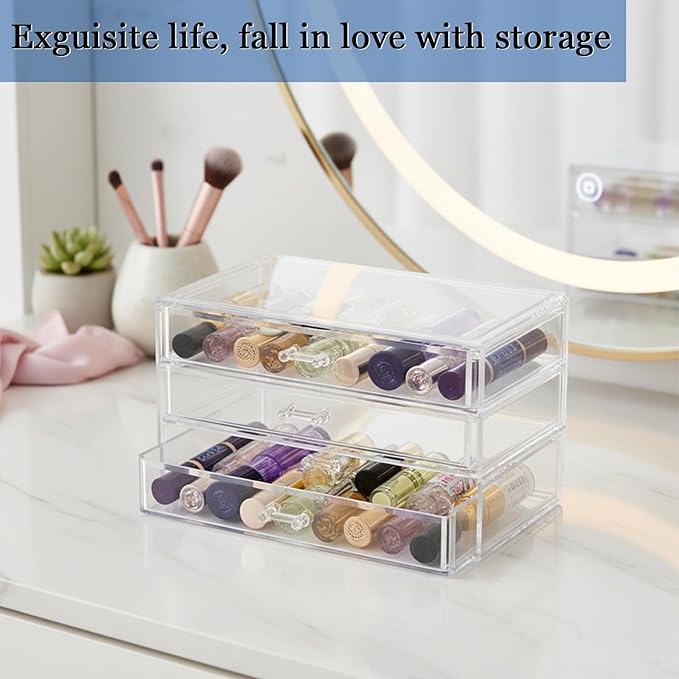 Acrylic Rollerball Perfume Organizer, 3-Layer Drawer Storage 40 Pcs perfume, Transparent Stackable Mini Perfume Holder for Travel/Sample Scentbird