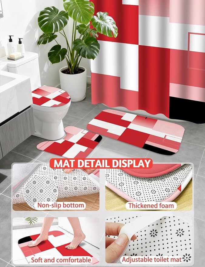 Lnond Red Bathroom Set, 22-Piece Red Geometry Bathroom Decor Set with with Shower Curtain and Rugs, Trash Can, Toilet Brush Holder Set & Soap Dispenser