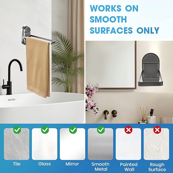 Heavy Duty Double Suction Cup Towel Bar for Bathroom - 20LB No Drill Foldable Stainless Steel Towel Rack Holder Shower Door RV Rental Kitchen Wall Mount