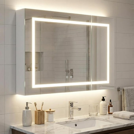 LED Lighted Bathroom Medicine Mirror Cabinet with 3-Color LED Lights, Anti-Fog, Dimmable, Wall Mount, 3-Adjustable Shelves, Wall Mounted Bathroom Mirror with Storage (24‘’×32‘’)