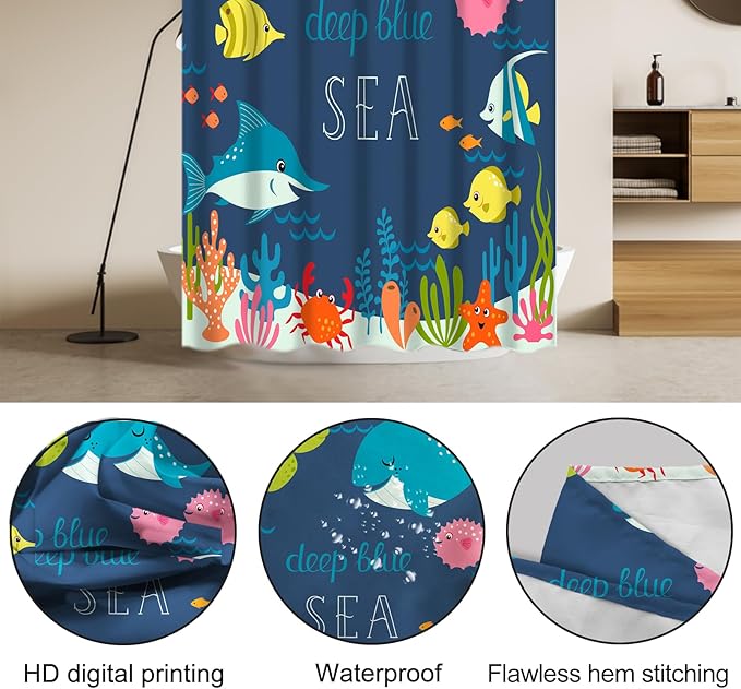 Lnond 4 Pcs Kids Bathroom Shower Curtain Set, Blue Sea Whales Bathroom Sets for Kids Bathroom Decoration with Shower Curtain, Non Slip Bathroom Rugs, Toilet Lid Cover, U Toilet Mat and 12 Hooks