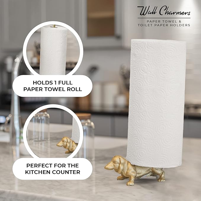 WallCharmers Gold Paper Towel Holder, Metal Toilet or Kitchen Paper Holder for Floor or Countertop, Gold Dog