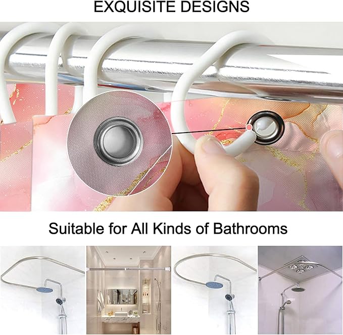 Lnond 4Pcs Bathroom Sets with Shower Curtain and Rugs, Pink Gold Marble Modern Art Shower Curtain Sets with Rugs and Accessories