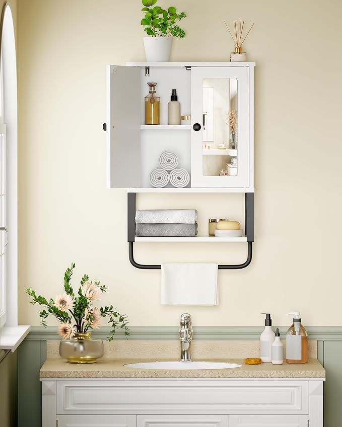 BEWISHOME Medicine Cabinet, Bathroom Wall Cabinet with Mirror, Wall Mounted Over The Toilet Storage Cabinet with Towel Bar and Adjustable Shelf, for Bathroom, 7.1" D x 15.4" W x 24.4" H, White YYG10W