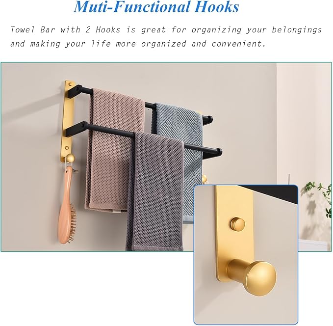 18 Inch Stainless Steel Towel Rack with Hooks - 2-Tiers Ladder Towel Hanger, Double Bar Wall Mounted for Bathroom, Black & Gold