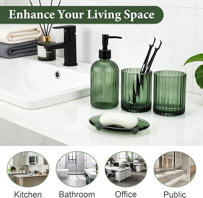 Topsky 4 Pcs Glass Bathroom Accessories Set,13.5oz Liquid Hand Soap Dispenser with Toothbrush Holder,Mouthwash Cup,Soap Dish for Bathroom Countertop,Vertical Stripe Design,Heavy Weight,Army Green