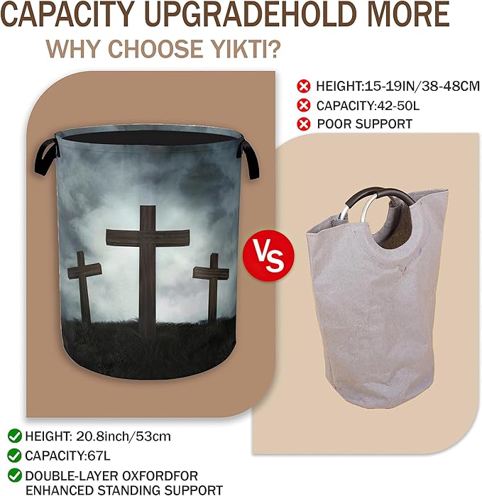 Three Wood Crosses Laundry Hamper,Easter Collapsible Laundry Baskets,Waterproof Oxford Cloth Laundry Room Organization for Bedroom,Bathroom,Nursery,16x20 Inch