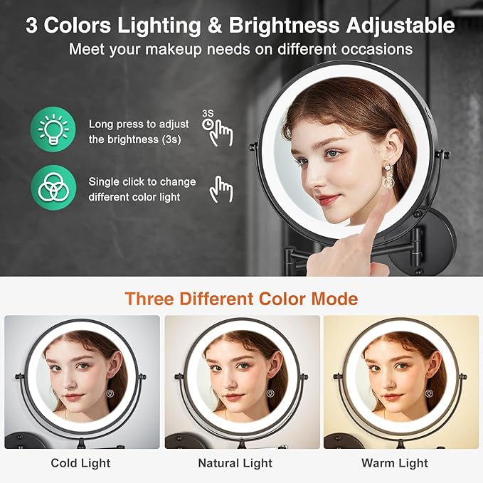 8.5'' Lighted Makeup Mirror with Magnification, Double Sided Dual Touch 1X/10X Magnifying Mirror with Lights 360°Swivel Bathroom Mirror with Extendable Arm