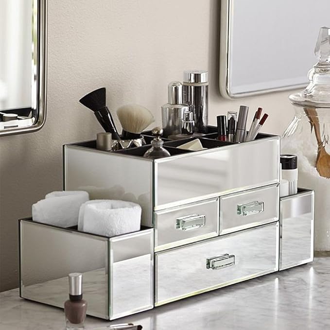 OnDisplay Amara 3 Drawer Tiered Mirrored Makeup/Jewelry Organizer - Glass Panel Organization Station for Cosmetics, Jewelry or Office/Desk Supplies