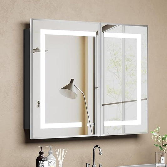 LOVMOR Led Medicine Cabinet with Mirror, Bathroom Vanity Mirror Cabinet with Shelves, 3-Color Lights Dimmer, Silver 30" H x 36" W