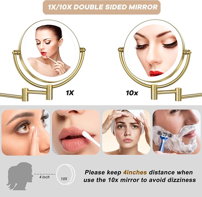 Lighted Makeup Mirror 10x Magnification Wall Mount, Hard Wired Double Sides 3 Color Lighting Touch Dimming, 360 Swivel Extended Arm Shaving Mirror for Bathroom, Satin Brushed Gold