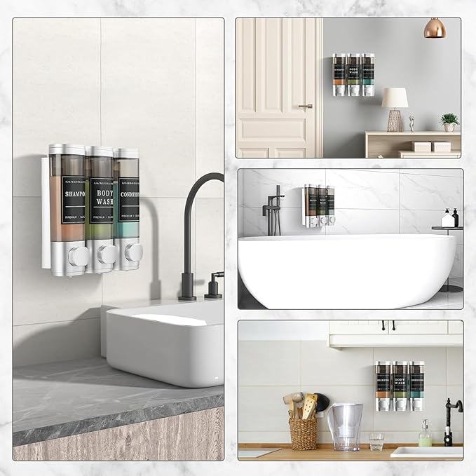 Shampoo and Conditioner Dispenser Shower Dispenser 3 Chamber No Drill Shampoo Dispenser for Shower Wall Mounted Shower Dispenser Body Wash for Bathroom Hotel Large Capacity,Silver