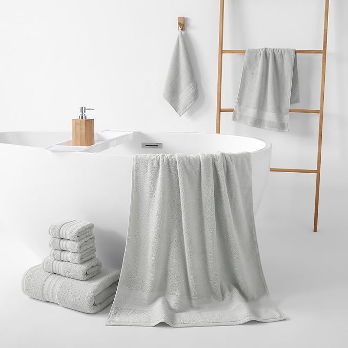 REDKISS 8 Piece Grey Towels Set - 100% Cotton Towels Set with 2 Large Bath Towels, 2 Hand, 4 Washcloths, 600 GSM Highly Absorbent Bath Towel Sets, Gray Quick Dry Shower Towel for Family Gym