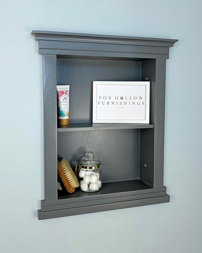 Fox Hollow Furnishings 14x18 Elliot Craftsman Recessed Wood Wall Niche, Open Medicine Cabinet Replacement, in The Wall Bathroom Cabinet Insert Shelves, Made in North America, NO MDF, Plain, Dark Gray