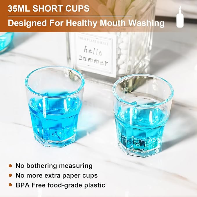 Mouthwash Dispenser for Bathroom, Glass Mouthwash Dispenser with Cup, Mouth Wash Container Bottle with Cup, Refillable Mouthwash Decanter, Amber, 2 Pack, 17oz