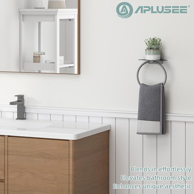 APLusee Gunmetal Gray Towel Ring with Shelf, 304 Stainless Steel Bathroom Towel Holder, Wall Mounted Swivel Loop for Kitchen Shower, Rustproof & Easy to Install