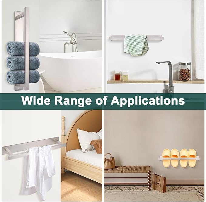 Self Adhesive Towel Bar, 16 Inch Square Towel Racks for Bathroom Wall Mounted SUS304 Stainless Steel Towel Hanger for Kitchen, No Drill or Screw-Mounted Towel Holder (Brushed Nickel)