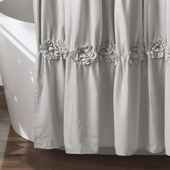 Lush Decor Darla Ruched Floral Bathroom Shower Curtain, 72” x 72”, Light Gray