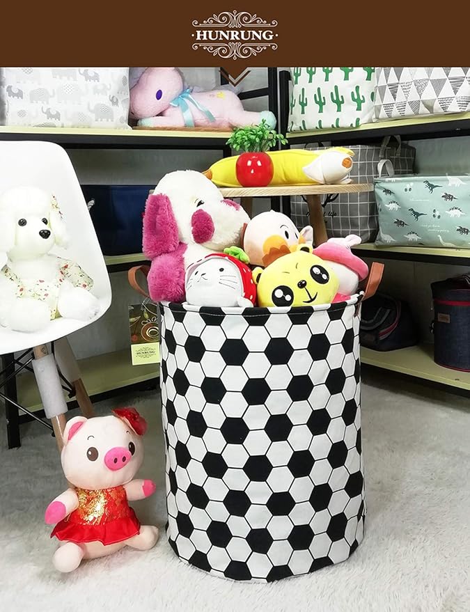 HUNRUNG Laundry Hamper,Large Canvas Fabric Lightweight Storage Basket Toy Organizer Dirty Clothes Collapsible Waterproof for College Dorms, Children Bedroom,Bathroom???Roud-Football???