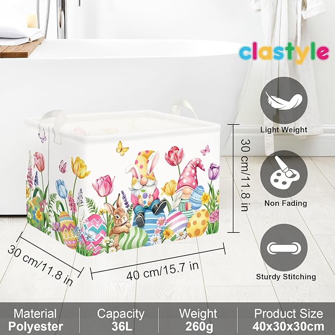 Clastyle Large Egg Rabbit Easter Basket Stuffers Butterfly Tulips Baby Gift Basket Empty Toy Nursery Bin Collapsible Spring Flower Clothes Storage Organizer for Bedroom,Gnome,40x30x30 cm