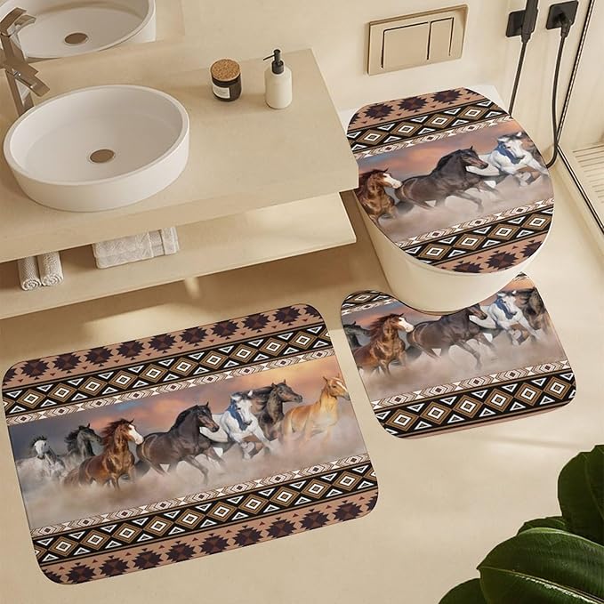 Rustic Aztec Horse 4 Pieces Shower Curtain Set,Boho Abstract Tribal Farmhouse Western Desert Horse Non-Slip Rugs Toilet Lid Cover Bath Mat and Bathroom Curtain