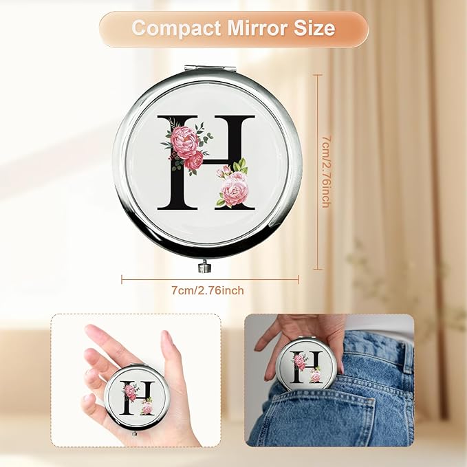 JEKUGOT Monogram Compact Mirror, Personalized Gifts for Women and Girls, Small Pocket Mirror, Personalized Compact Mirrors for Girls, Sister, Wife, Mothers, Birthday Gifts - H