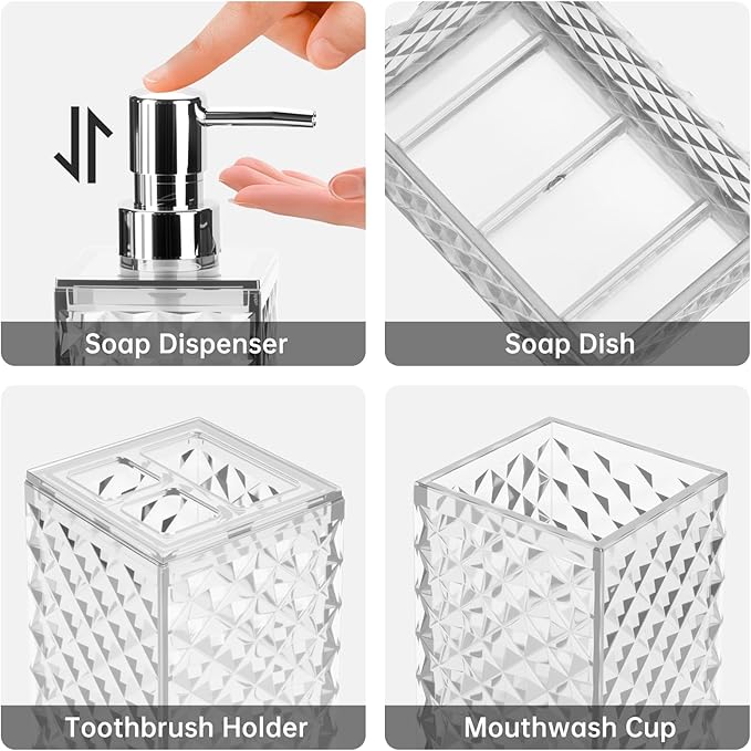 Bathroom Accessory Set, Grid Pattern 4 Pcs Plastic Bathroom Set Include Soap Dispenser, Soap Dish, Toothbrush Holder, Mousewash Cup, Modern Bahtroom D??cor Set(White)