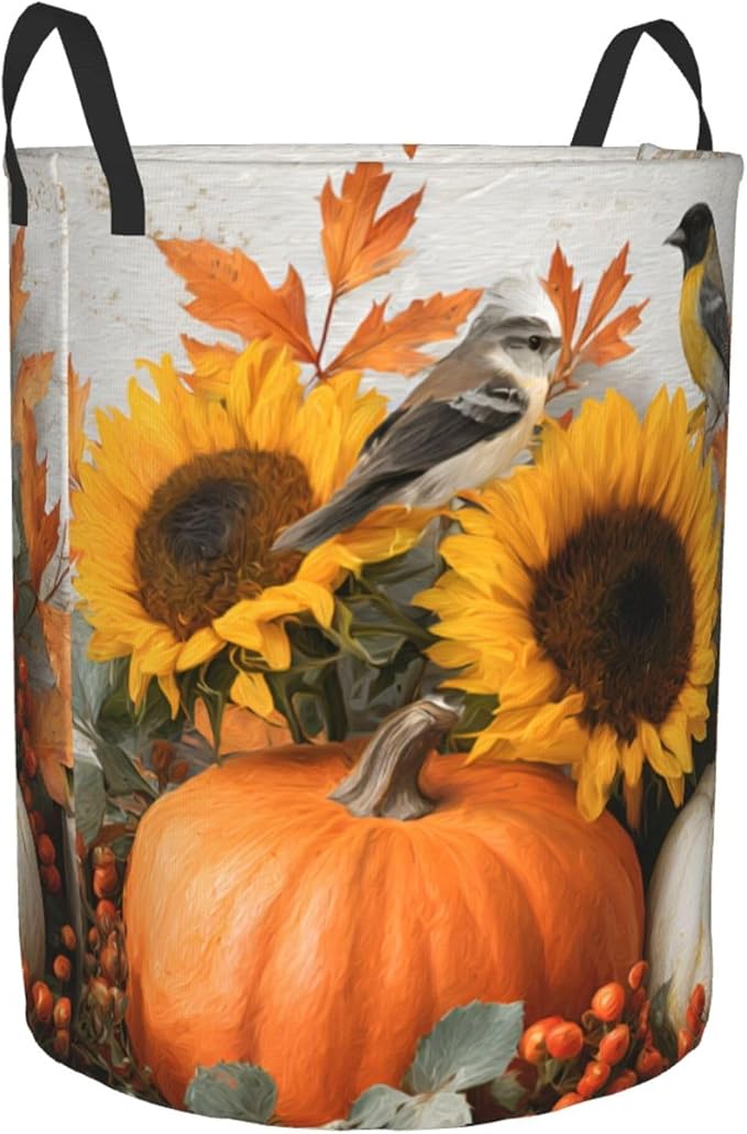 Fall Harvest Laundry Hamper, Decorative Sunflower Pumpkin Design, For Bathroom/Laundry Storage/Bedroom 19.6x15.7 Inch