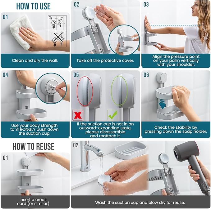 TAILI Soap Holder Soap Dish for Shower, Suction Cup Soap Holder for Shower Wall, Bathroom Accessories, Removable Strong Hold Soap Saver, Drill Free Double Soap Dish, Grey 2 Layer