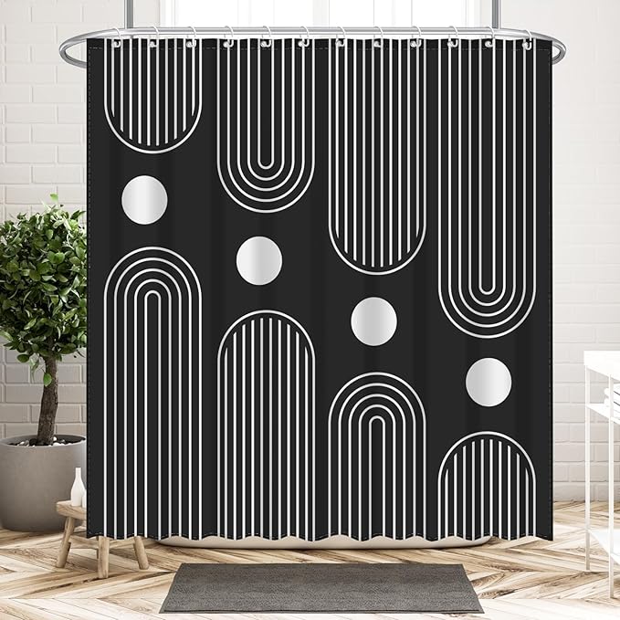 Boho Mid Century Shower Curtain Set, Modern Minimalist Arch Lines Sun Abstract Aesthetics Bathroom Decor, Waterproof Fabric Black Bohemian Bath Curtain with 12 Hooks 72x72 inches
