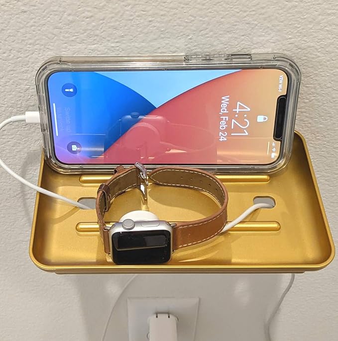 Wonder Shelf ?€? Small Adhesive Floating Wall Shelf for Bathroom, Over Toilet Paper Holder Mini Storage Rack for Phone, Wipes, Tablet, or D??cor (1, Gold with Holes)