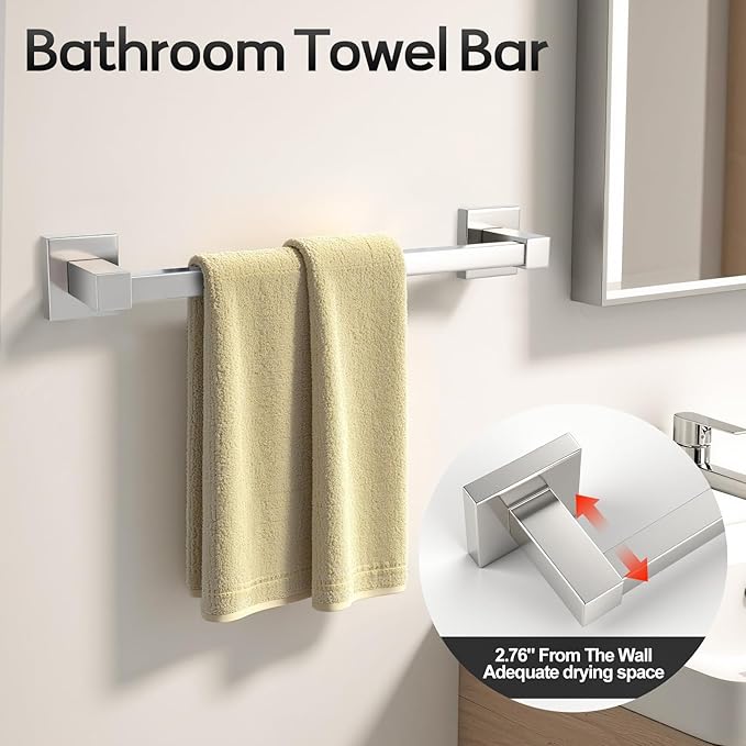 Brushed Nickel Bathroom Hardware Set 4 Piece, Towel Rack Set for Bathroom, Towel Bar Toilet Paper Holder Set SUS304 Stainless Steel -18In Towel Bar, Paper Toilet Holder, Square Towel Ring, Towel Hook