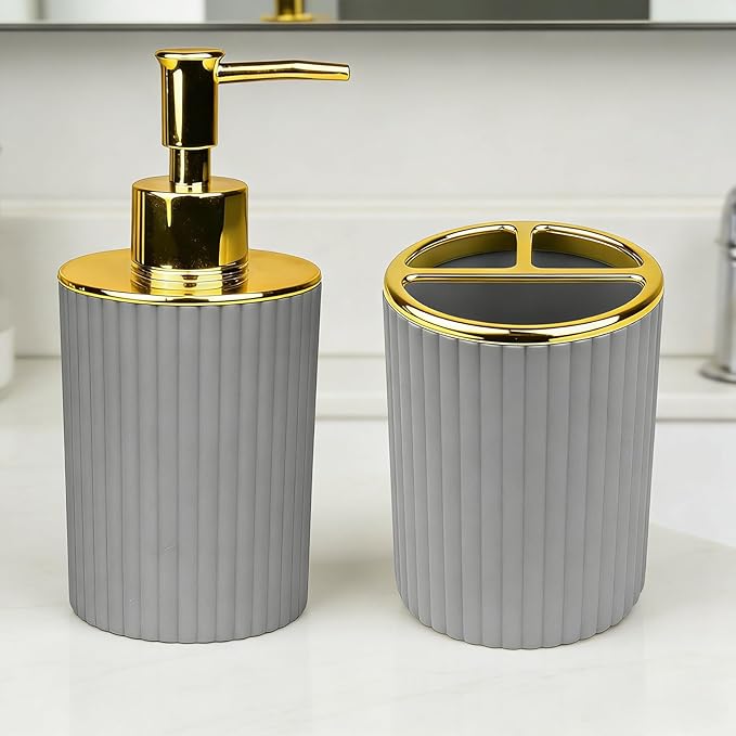 Bathroom Accessories Set, 2-Piece Gray & Gold Soap Dispenser & Toothbrush Holder, Modern ABS Vanity Organizer for Countertop, Minimalist Bathroom Decor