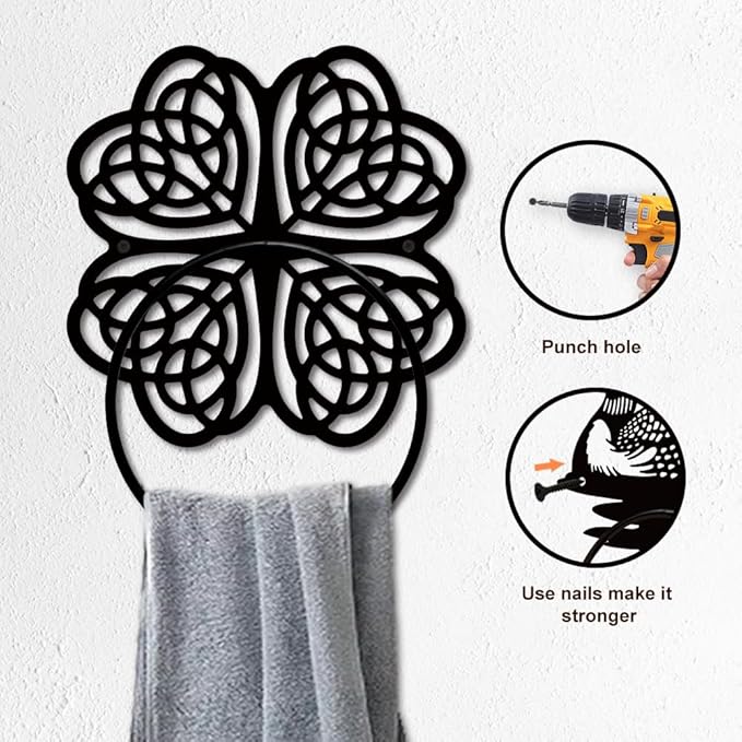 MAYJOYDIY Four Leaf Clover Metal Towel Ring Saint Patrick's Day Style Towel Holder Bath Towel Ring Black Art Towel Rack Wall Mounted for Bathroom Kitchen Towel Hanger Home Decors Gift