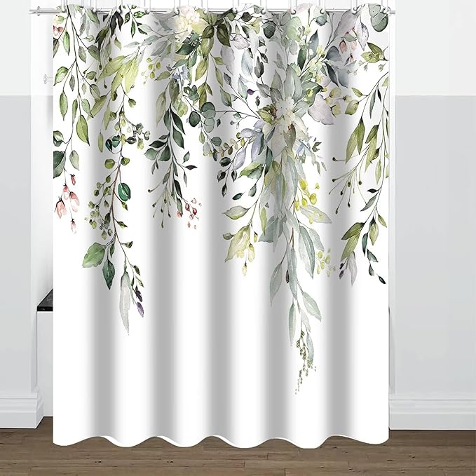 AZHM Sage Green Eucalyptus Plant Shower Curtain Set 4pcs Watercolor Leaves Floral Bathroom Sets with Shower Curtain and Rugs Farmhouse Rustic Bathroom Decor Accessories Set