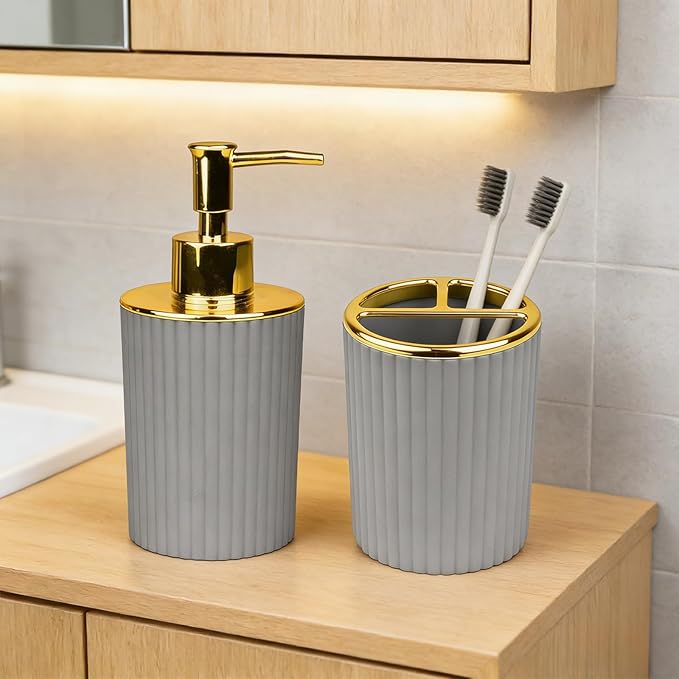 Bathroom Accessories Set, 2-Piece Gray & Gold Soap Dispenser & Toothbrush Holder, Modern ABS Vanity Organizer for Countertop, Minimalist Bathroom Decor