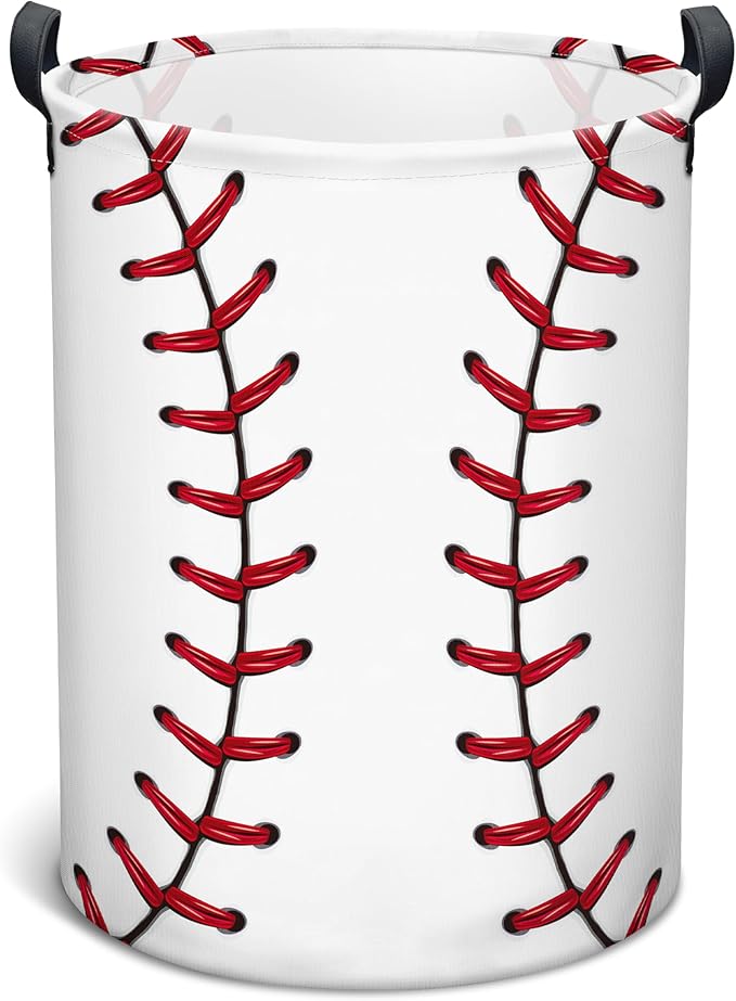 Baseball Laundry Basket, Collapsible Waterproof Oxford Cloth Laundry Hamper, Funny Round Kids Toys Storage Basket as Room Decor, Dirty Clothes Hamper for Bedroom Bathroom Dorm