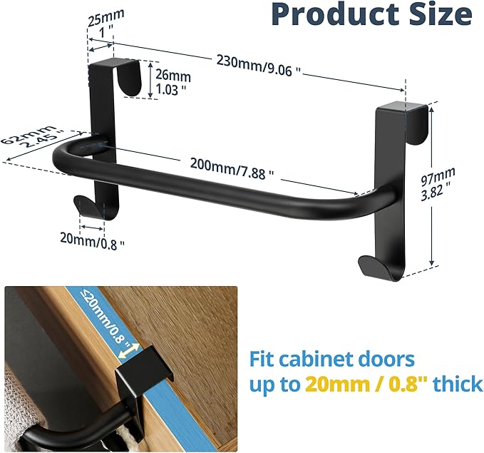 SAYAYO Over Cabinet Towel Bar Black, 8 Inch Kitchen Towel Holder with 2 Hooks, Over The Cupboard Door Dish Towel Rack, 2 Pcs (9 Inch Total Length)