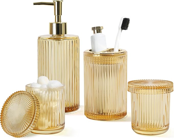 KASUNTING Gold Bathroom Accessories 4 Pcs, Gold Glass Soap Dispenser and Toothbrush Holder Set, Qtip Holder Set, Glass Bathroom Soap Dispenser Set, Yellow Orange Bathroom Decor