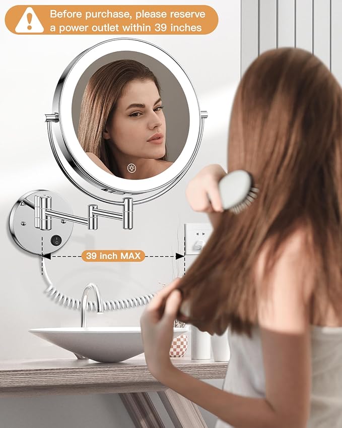 Gospire 9” Wall Mounted Lighted Magnifying Mirror, 1X/10X Magnification Double-Sided LED Bathroom Mirror, 3 Color Lights & Stepless Dimming with Touch Sensor, Extendable Arm 360° Swivel for Shaving