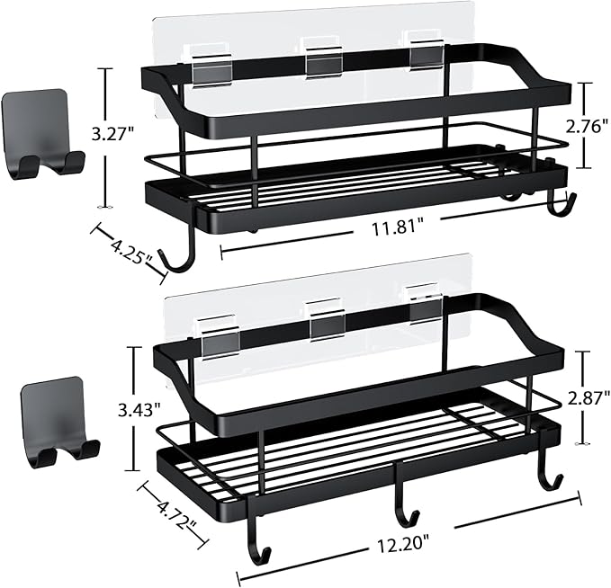 Carwiner Shower Caddy Bathroom Shelf 2-Pack, Basket with 8 Hooks for Hanging Shampoo Conditioner, Stainless Steel Rack Wall Mounted Storage Organizer for Kitchen, No Drilling