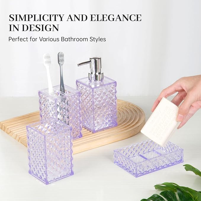 Bathroom Accessory Set, 4 Pcs Plastic Bathroom Set Include Soap Dispenser, Soap Dish, Toothbrush Holder, Mousewash Cup, Modern Bahtroom D??cor Set, Space Save for Bathroom(Light Purple)
