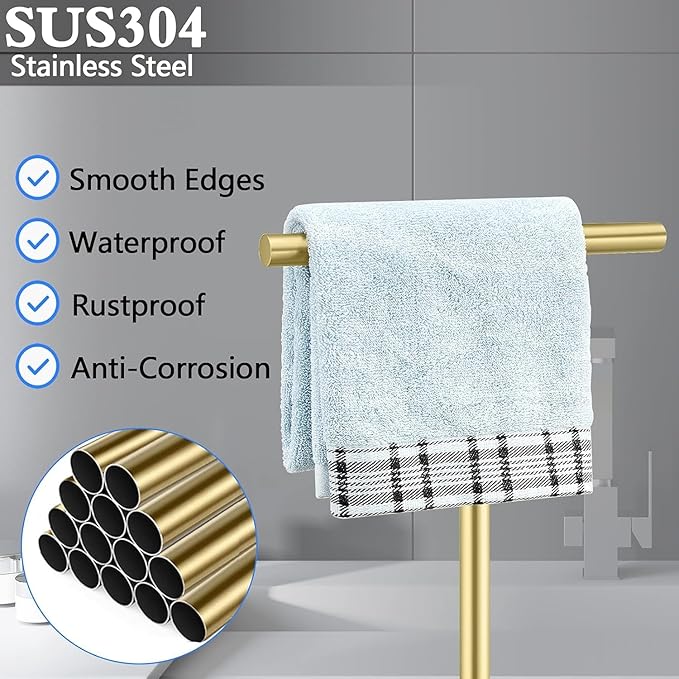 Elibbren Bath Hand Towel Holder Standing, Stainless Steel Golden Towel Bar Rack Stand for Bathroom and Kitchen Vanity Countertop, Modern Towel Holder，1 Pack